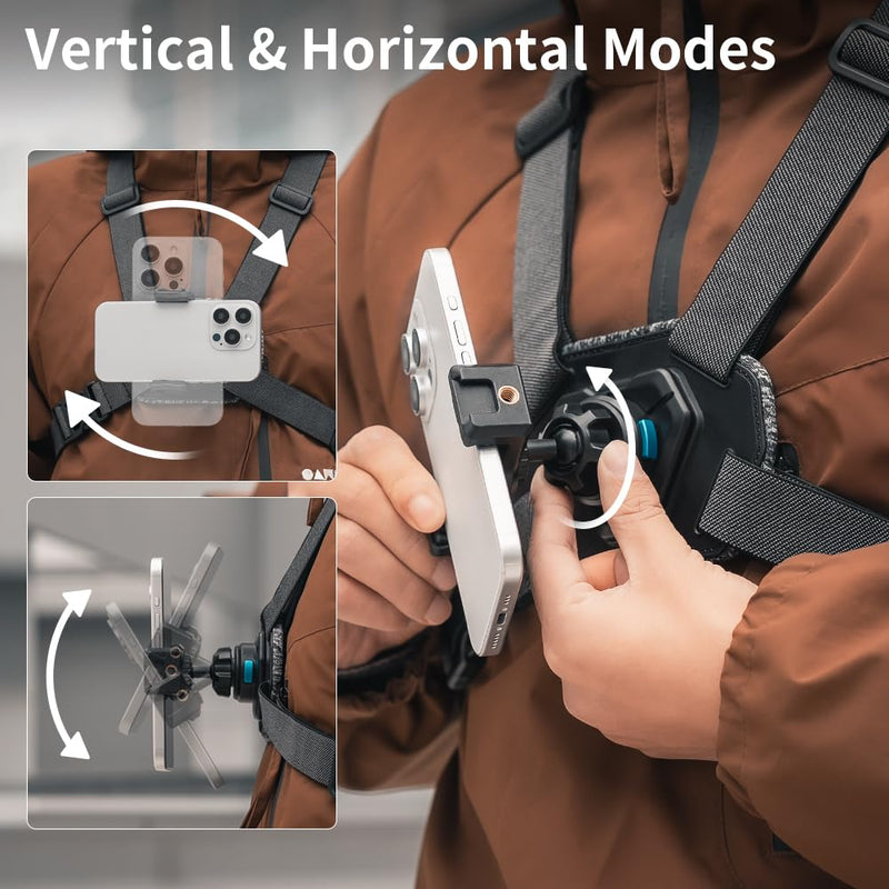 Adjustable Phone Chest Mount Harness Strap Moblie Phone Holder Mount for Recording Bike/Kayak/Fishing/Skateboard POV/VLOG Compatible with iPhone 17/16/15/14/13 Pro Max, Samsung and More