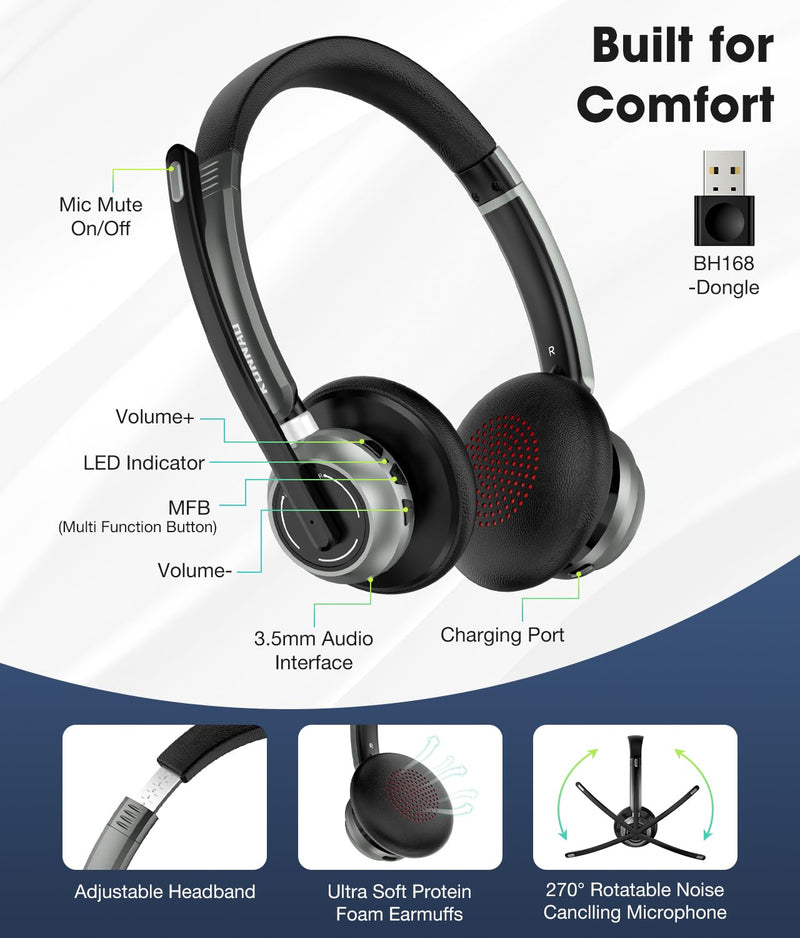 Wireless Headset, 2024 New V5.3 Headset with USB Dongle, Computer Headphones QCC3034 AI Noise Cancelling Microphone & Mic Mute, 30H Worktime for Computer/Laptop/Skype/Zoom/MS Teams