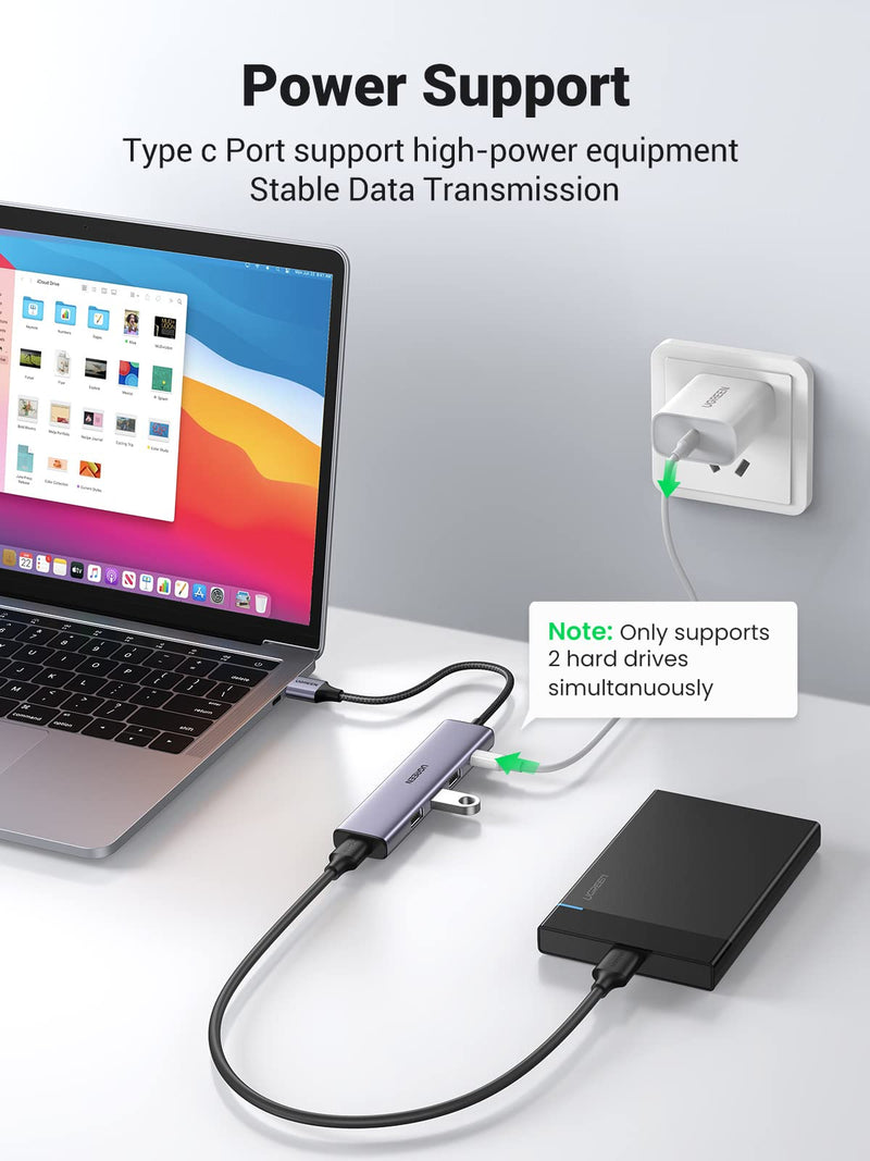 UGREEN USB Hub, Aluminum 4-Port USB 3.0 Hub with Powered Support Output for High Power Equipment, USB Port Splitter for Laptop,iMac, MacBook, Surface Pro, Dell, PS4, Flash Drive, Mobile HDD