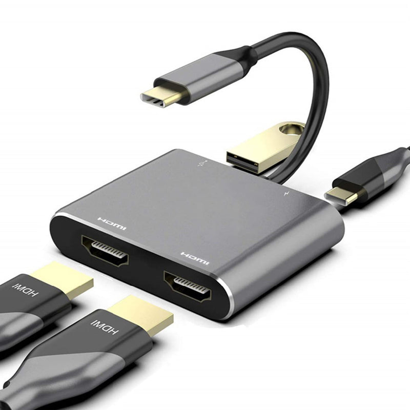 USB C to Dual HDMI Adapter, 4 in 1 USB Type C Hub with 2 HDMI/USB3.0 /PD Charging, Dual Screen Display USB-C Docking Station for Windows, MacOS