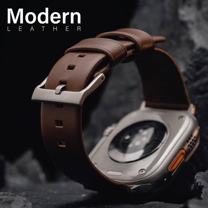KORDIZ Modern Leather Band - Geniune Full-Grain Leather band compatible with Apple Watch band ULTRA 3 & ULTRA 2/1 [49mm] - Stylish and Durable Minimalist for Your Wrist - Rugged Patina Ultra Black (49mm) | Dark Brown