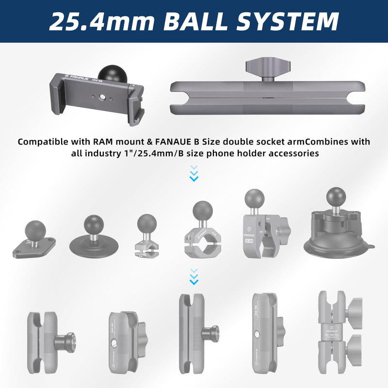 FANAUE Aluminum Phone Holder with 150mm Double Socket Arm Compatible with 6-8.5" Smartphone - with B Size 1" Ball Components for RAM Mounts
