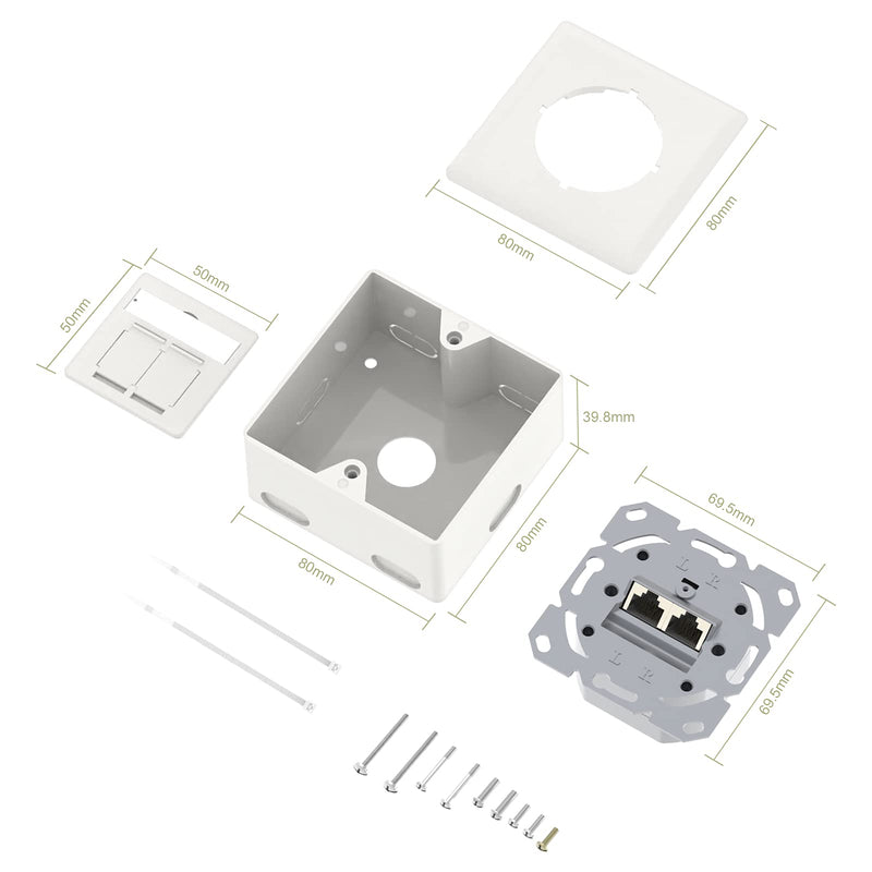 VCELINK Universal Network Socket Cat6A, 2 x RJ45 Port LAN Socket, Data Socket Surface-Mounted or Flush-Mounted - Shielded, 10 Gigabit Ethernet Network RJ45 Socket, POE, CAT7 CAT6 CAT5, White 2 port - 1 piece