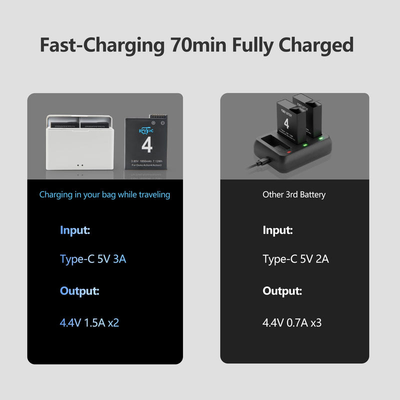 REYTRIC Upgrade 2-Pack 1850mAh Osmo Action 3/4 Replacement Batteries for DJI Osmo Action 3 4 Camera and 2-Channel Charger Case Compatible with DJI Osmo Action 3 4 Extreme Battery