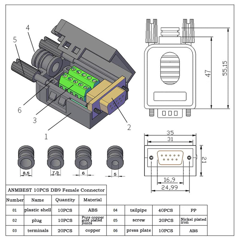 10PCS DB9 Female Breakout Connector,DB9 Solderless RS232 D-SUB Serial to 9-pin Port Terminal Adapter Connector Breakout Board with Case Long Bolts Tail Pipe 10PCS Female Adapter