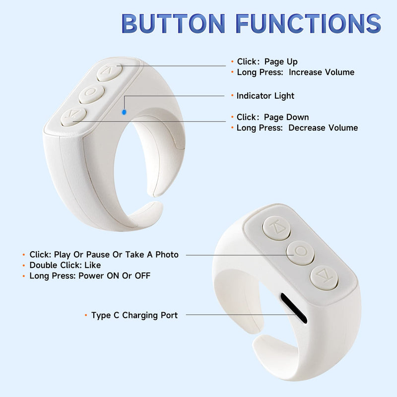 Tiktok Scrolling Ring, Kindle APP Page Turner Remote, Bluetooth Remote Clicker Control for iPhone and Android, Minimalist Style and Smart Make Life Easier - Snow White