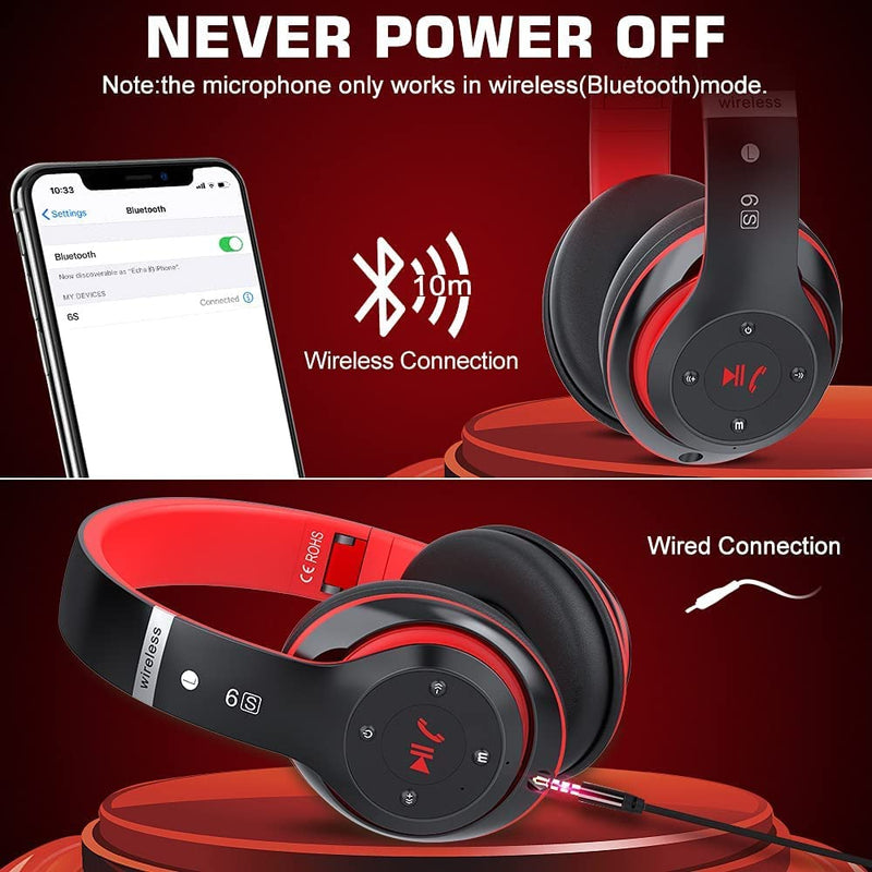 6S Bluetooth Headphones Over-Ear, Hi-Fi Stereo Foldable Wireless Stereo Headsets Earbuds with Built-in Mic, Volume Control, FM for iPhone/Samsung/iPad/PC (Black & Red) Black & Red