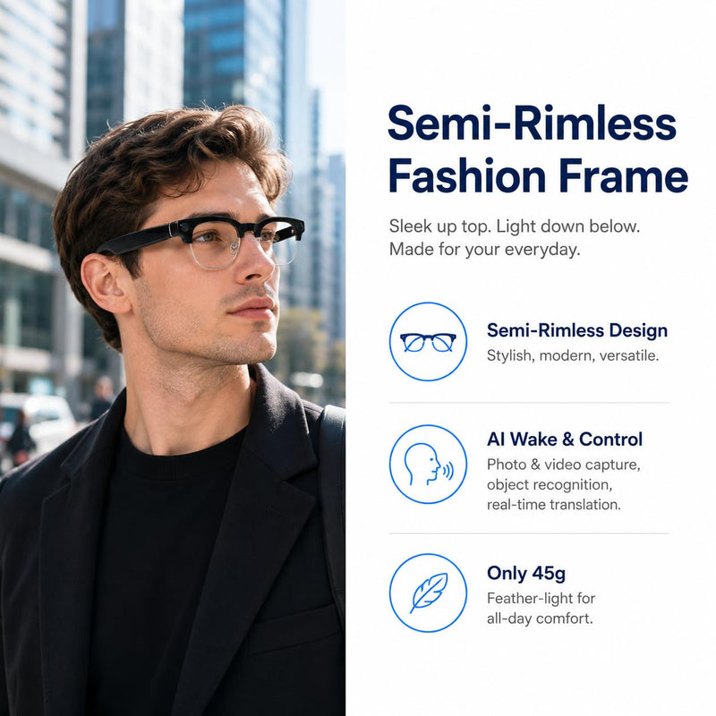 AI Smart Glasses with Camera for Play Music Work Travel Translation | 8MP camera, 1200P video, voice control, real-time translation, object recognition, photochromic lenses and AI assistant
