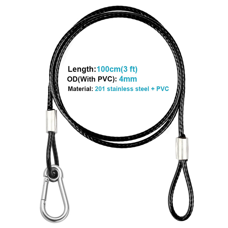 10 PCS 3FT Safety Cable, Black Coated Braided Stainless Steel Security Cable with Loops for DJ Stage Par Lighting, Max. Load 110 lb