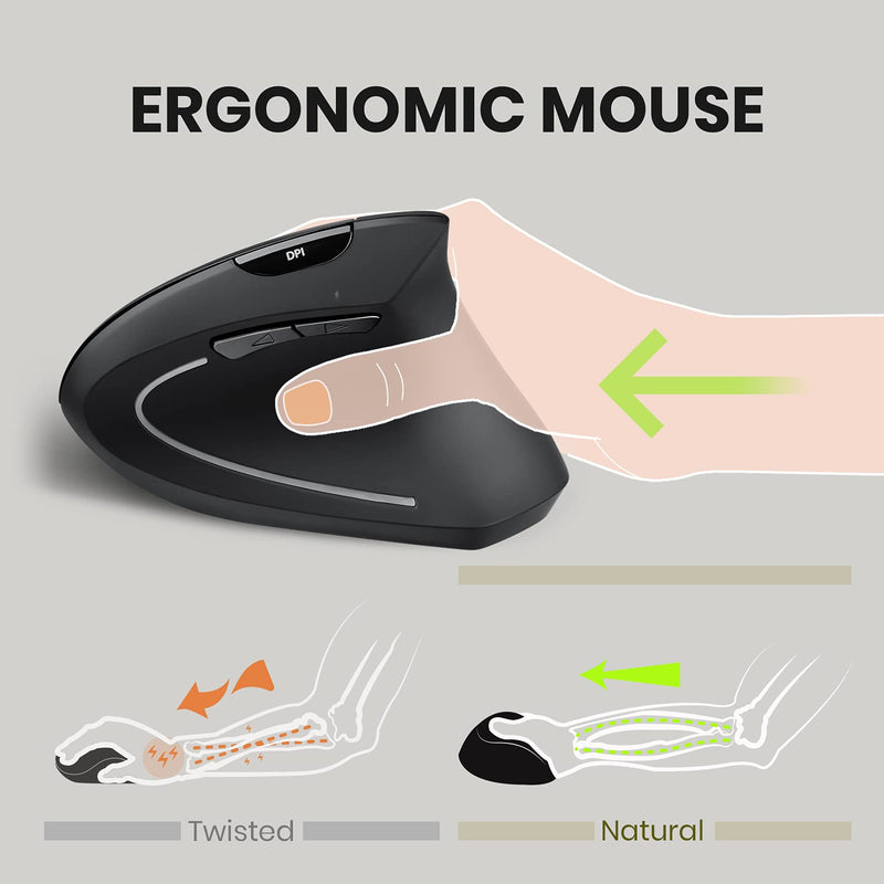 Perixx PERIMICE-713 Wireless Ergonomic Vertical Mouse - 800/1200/1600 DPI - Right Handed - Recommended with RSI User Black
