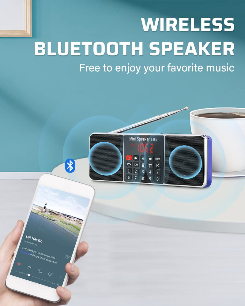 PRUNUS J-288 Portable Radio AM FM Radio with Bluetooth Speaker, Sleep Timer, Power-Saving Display, Ultra-Long Antenna, AUX Input & USB Disk & TF Card MP3 Player, NO Manual Preset Blue