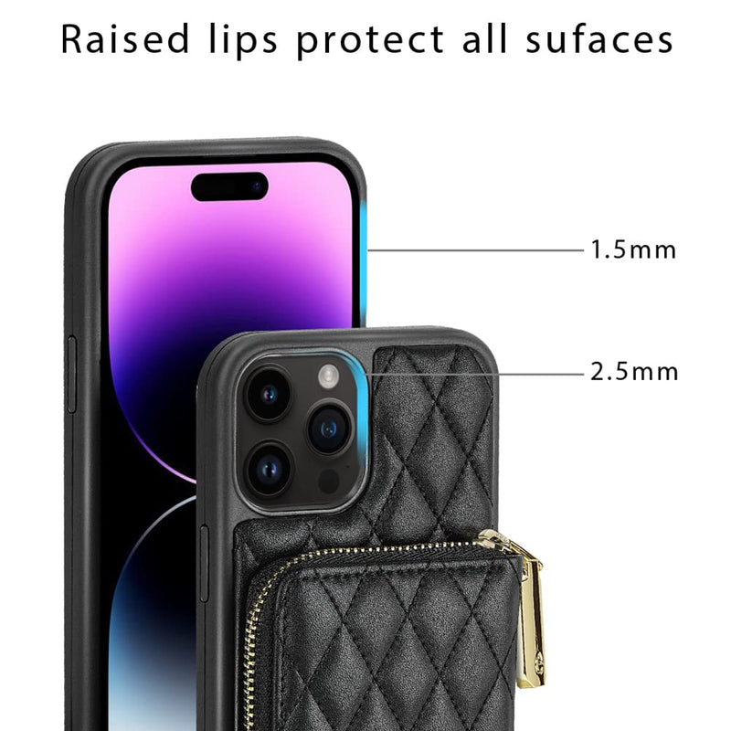 LAMEEKU Compatible with iPhone 13 Pro Max Wallet Case, Crossbody Chain Case Quilted Leather for iPhone 13 Pro Max, 6.7 Inch-Black iPhone 13 Pro Max-6.7" Black-01