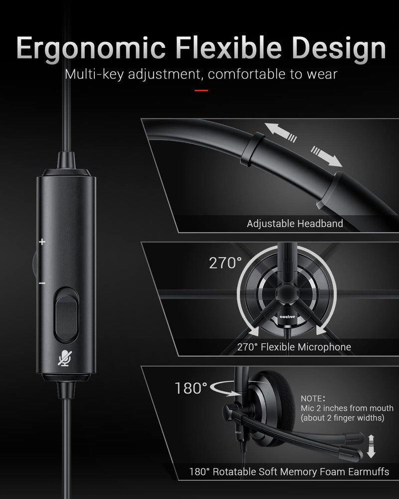 Wired Headset with Microphone for PC Laptop - 3.5mm Jack On Ear Headphones with Noise Cancelling Microphone for Boom Skype Webinars, in-line Control,Comfortable 3.5mm computer headset Black