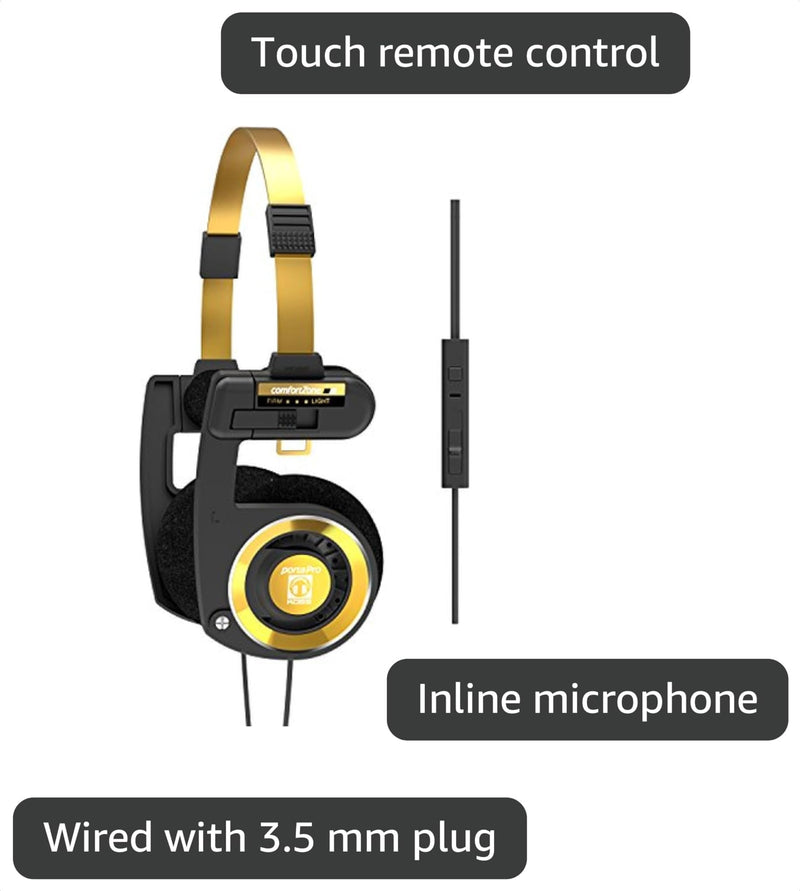 Koss Porta Pro Limited Edition Retro Style On-Ear Headphones, Black Gold | In-Line Microphone, Volume Control and Touch Remote, Includes Hard Carry Case, Wired 3.5mm Plug