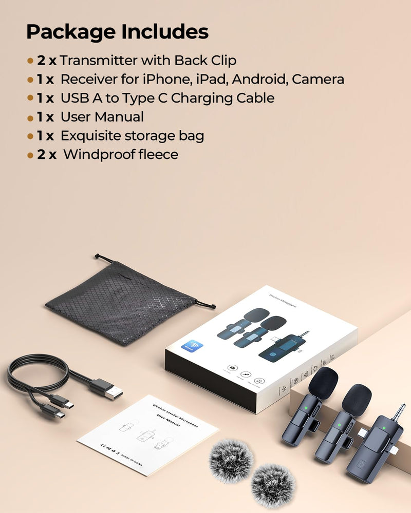 [AUSTRALIA] - BAILIXIN 3-in-1 Microphone for iPhone, Android, Camera, Wireless Microphones, Mini Microphone, Lapel Mic with Noise Reduction, Crystal Clear Sound & 7H Battery for Recording, YouTube, Podcast Charcoal Black 