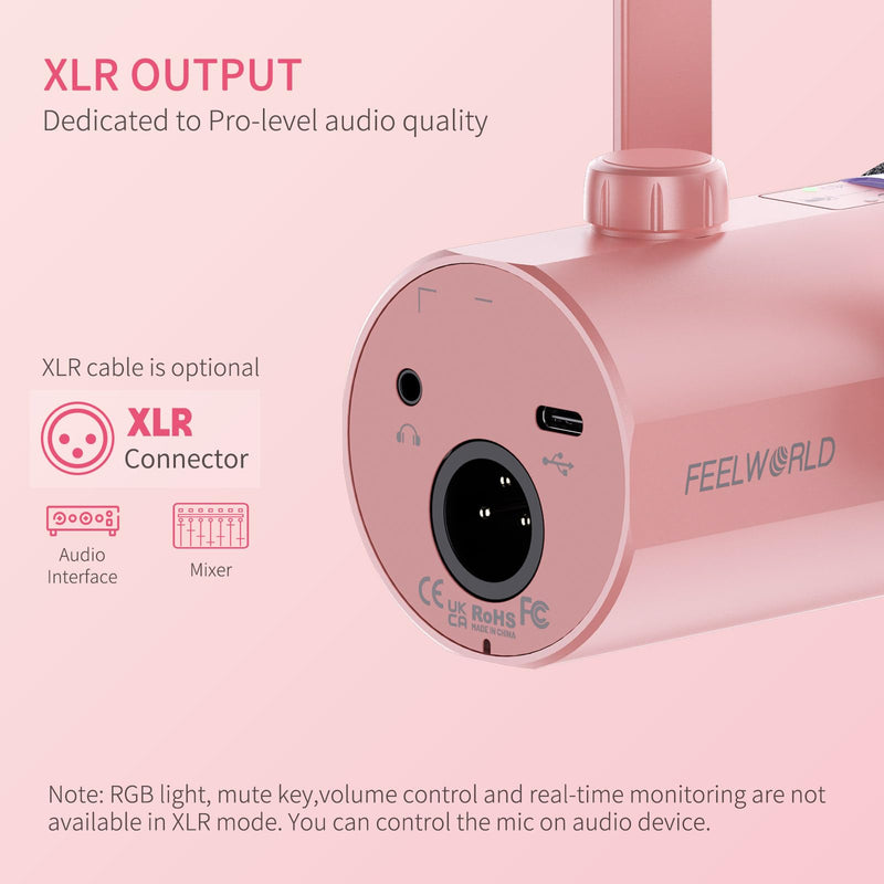 FEELWORLD PM1 XLR USB Dynamic Microphone Gifts for Podcast Recording PC Computer Gaming Live Streaming Vocal Voice-Over, Studio Metal Mic with RGB Light, Mute Button, Headphones Jack (Pink) Pink