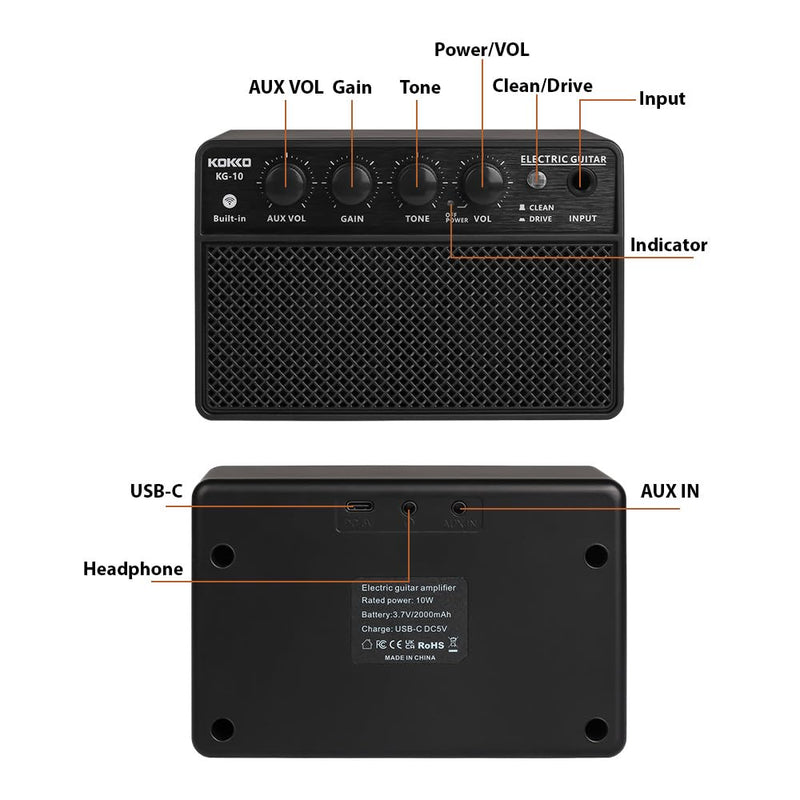 Guitar Amplifier Small Electric Guitar Amp 10W Mini Portable Guitar Practice Speaker for Daily Practice Street Performances Rechargeable Portable Audio Supports BT/Headphone Connection