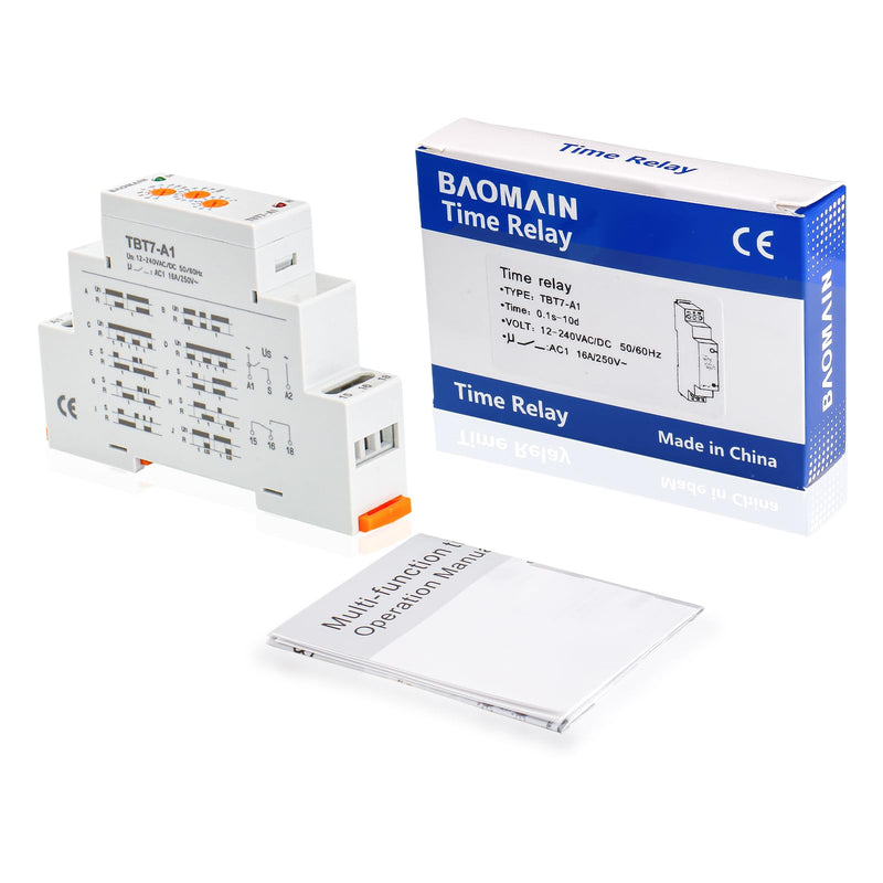 Baomain Multi-Function Time Relay, 16A SPDT 10-Functions, DIN Rail Mounting Timer Relay TBT7-A1 (1-SPDT, 12-240VAC/DC)