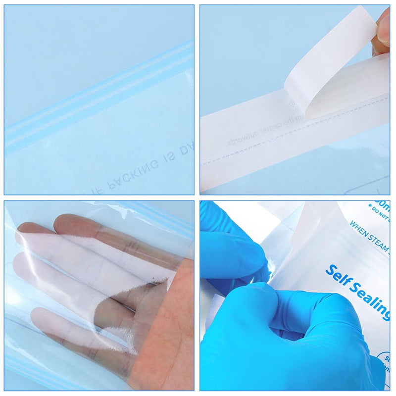 WUSJCOF 100 Sterile Bags for Autoclave, Self-Adhesive Bags for Disinfecting, Sterilisation Bags for Nail Salon, Used for Dental Instruments and Nail Care, 70 x 230 mm