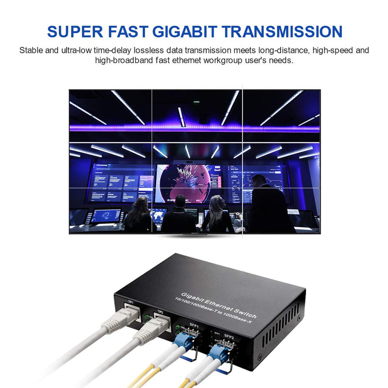Gigabit Ethernet Media Converter, Singlemode Dual LC, 1.25Gb/s 2X 10/100/1000Base-T RJ45 Networks Ethernet to 2X 1000Base-X SFP Fiber Converter with 2X Gigabit SFP 1000Base-LX Transceiver 4 Port | 2x SFP - 20km slot
