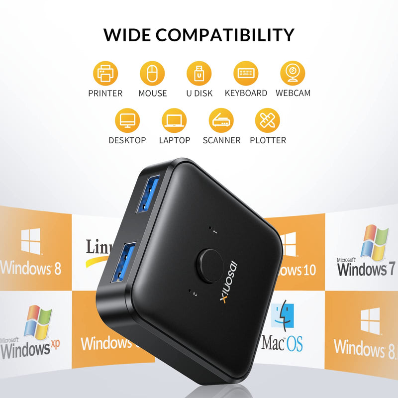 IDsonix USB 3.0 Switch 2 Computers Share 1 Device,1 in 2 Out Or 2 in 1 Out Bi-Directional for Printers/Keyboards/Mice, 5Gbps Plug and Play Switcher, 2pcs A to A 3.3ft Cables,Plastic,Black ABS