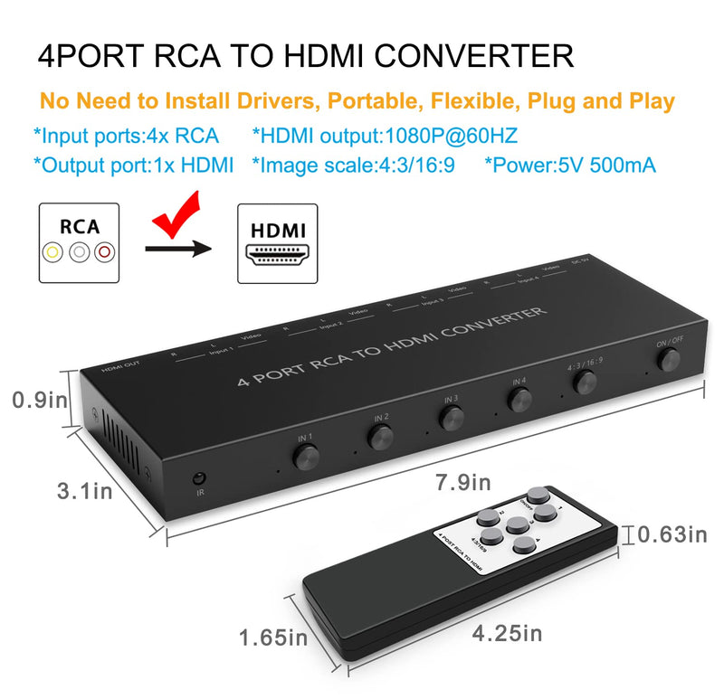 4Port AV to HDMI Converter, 4Port AV to HDMI Switcher with IR Remote, Support 16:9/4:3 and Quick Switch Compatible with WII/N64/SNES/Xbox/PS1/PS2/PS3/VHS/VCR/DVD Players etc.(4AV In-1HDMI Out) 4Port AV to HDMI Converter