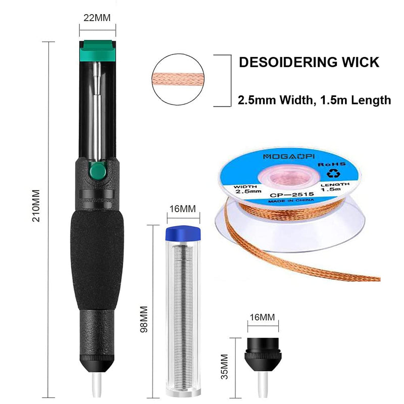 Desoldering Wick, Desoldering Pump, Solder Sucker, Solder Wick, 2pcs Solder Braid (2.5mm Width, 1.5m Length) Solder Wire, Replacement Tip, Desoldering Vacuum Pump Solder Removal Tool 6 in 1 Kit