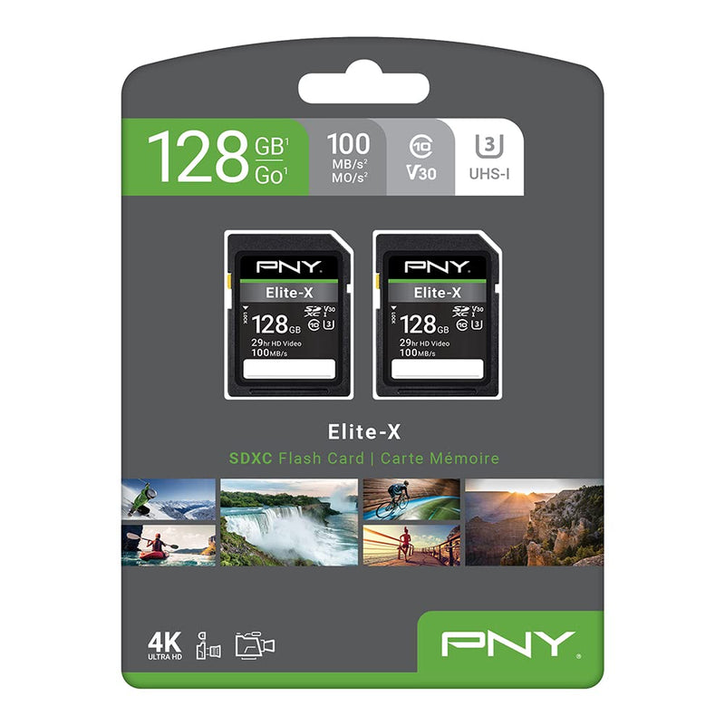 [AUSTRALIA] - PNY 128GB Elite-X Class 10 U3 V30 SDXC Flash Memory Card 2-Pack - 100MB/s, Class 10, U3, V30, 4K UHD, Full HD, UHS-I, Full Size SD FLASH CARD - 2 PACK 