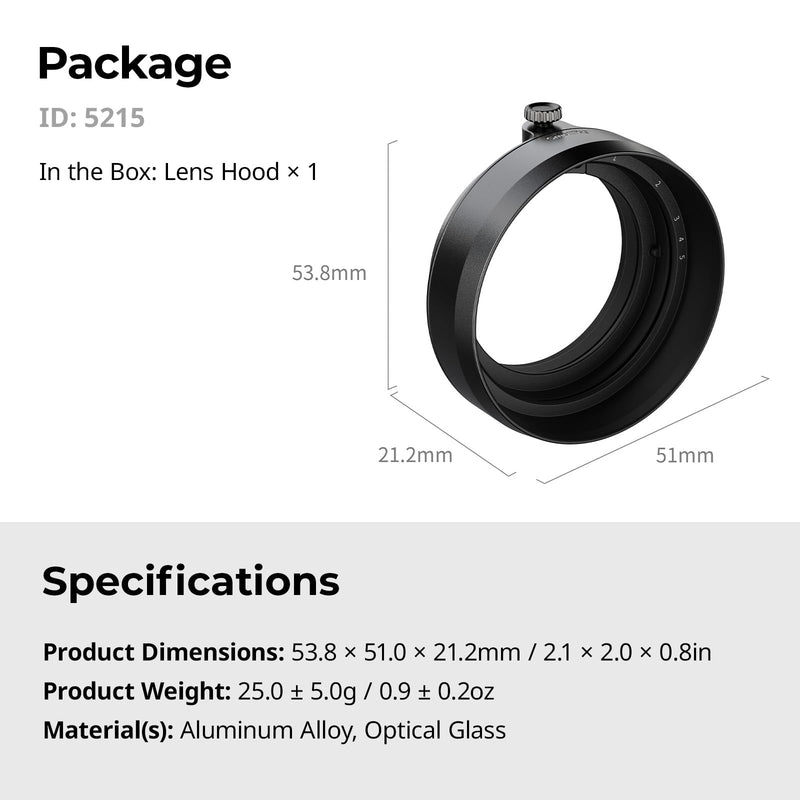 SMALLRIG X Half Lens Hood Sun Shade for Fujifilm, Shading Hood, Compatible with UV/VND Filters, Made of Aluminum Alloy, Anti-Scratch Protective Cover, Anti-Glare - 5215 Black