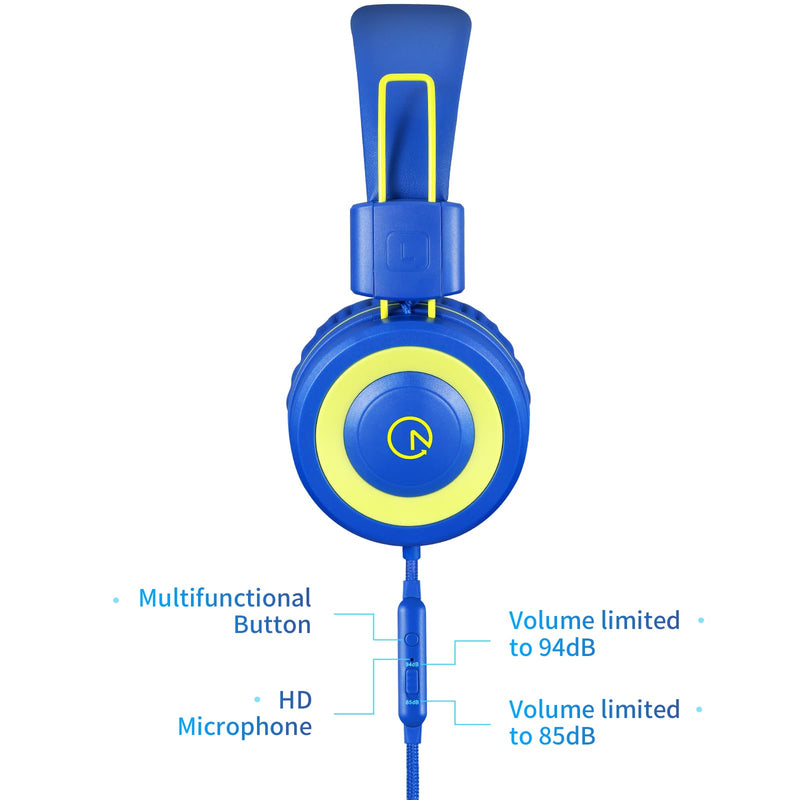 noot products Kids Headphones with Microphone K12 Stereo 5ft Long Cord with 85dB/94dB Volume Limit Wired On-Ear Headset for iPad/Amazon Kindle,Fire/Toddler/Boys/Girls/School(Blue/Lime) Blue Lime