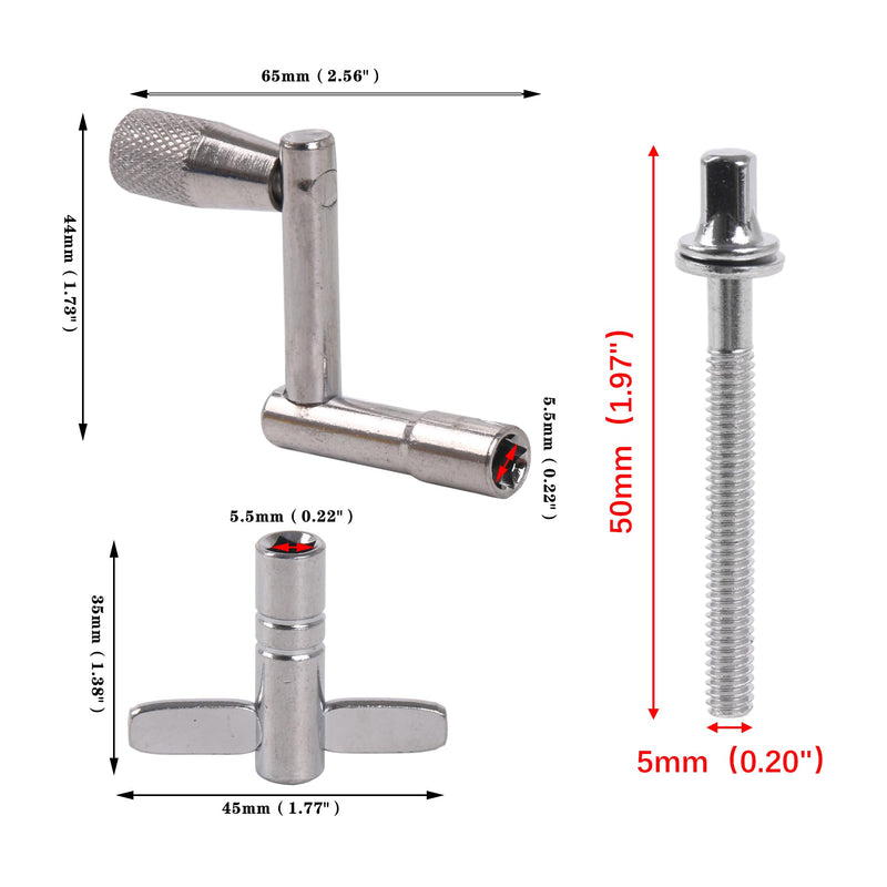 Lovermusic 13 Pcs Drum Screw Tension Rod M5x50mm w/Key Wrench Tool T-Shaped Z-Shaped