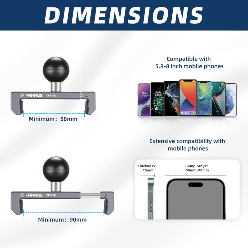 FANAUE Aluminum Phone Holder with 150mm Double Socket Arm Compatible with 6-8.5" Smartphone - with B Size 1" Ball Components for RAM Mounts