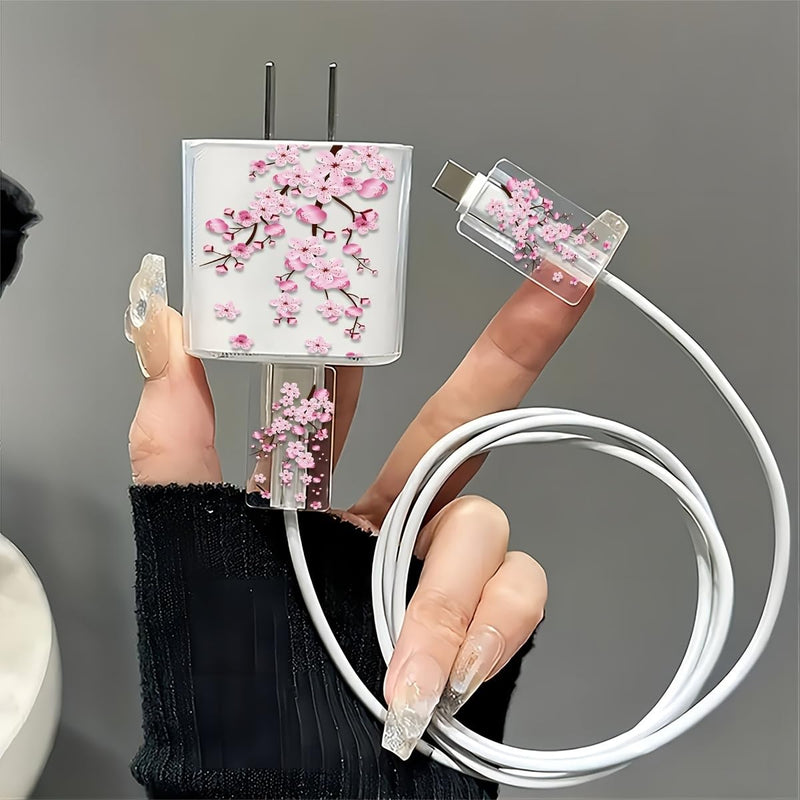 3 Pack Charger Protector Set Pink Peach Blossom Pattern Transparent TPU Cable Case for iPhone 18W 20W Home Travel Office, Pink Peach Blossom 3pcs/1set