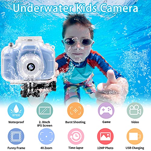 Kids Waterproof Camera 12MP 1080P Digital Camera with 32GB Card & Case Blue