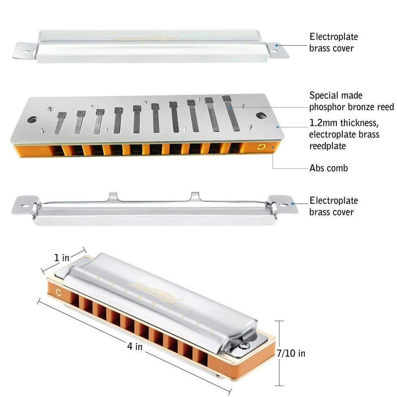 [AUSTRALIA] - East top Harmonica, Advanced Diatonic Harmonica Key of C, 10 Holes Mouth Organ Harmonica with Silver Cover, Blues Harmonicas For Adults, Professionals and Students 