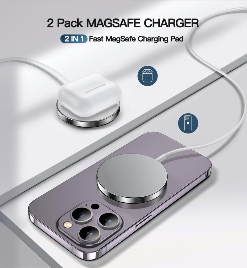 [AUSTRALIA] - Magnetic Wireless Charger 15W Fast Mag Safe Charger for Cell Phone 16 Pro Max/16 Pro/16 Plus/16/15/14/13/12 Series 2 Pack Charging Pad for AirPods 3/2/Pro 2/Pro Mag-Safe Original Replacement Silver magnetic charger 