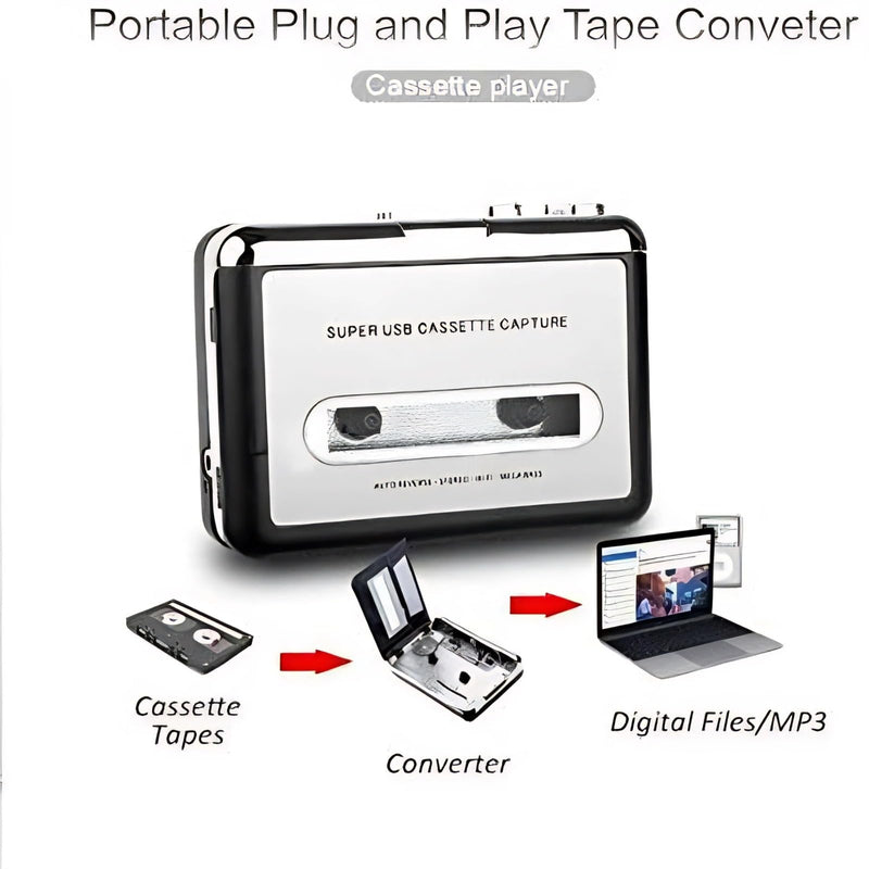 [AUSTRALIA] - Cassette to MP3 Converter with USB Power Supply, Plug and Play Tape Player for MP3 Conversion, Includes Audacity Software 