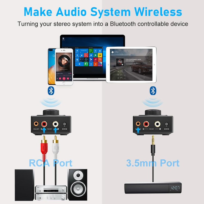 [AUSTRALIA] - YMOO B06T3 Bluetooth 5.3 Receiver, 100ft RCA Bluetooth Audio Adapter for 3.5mm Jack AUX HiFi Home Stereo/Speaker from Smartphone/Tablet/Laptop, Dual Link for Two Speakers, SBC AAC Audio Black 
