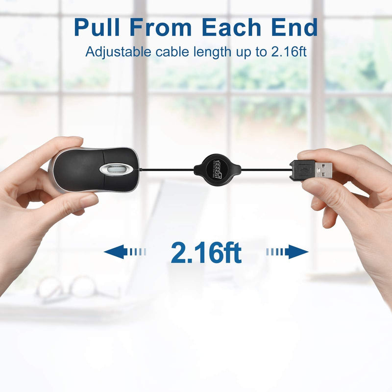 EEEKit 2 Pack Mini Retractable Cable Wired USB Optical Mouse, USB Mini Mouse, Compact USB Mouse for Kids Travel，Mini Mouse for Laptop Apple Mac HP Dell Lenovo Thinkpad Sony Asus Acer Tablet PC Laptop Black