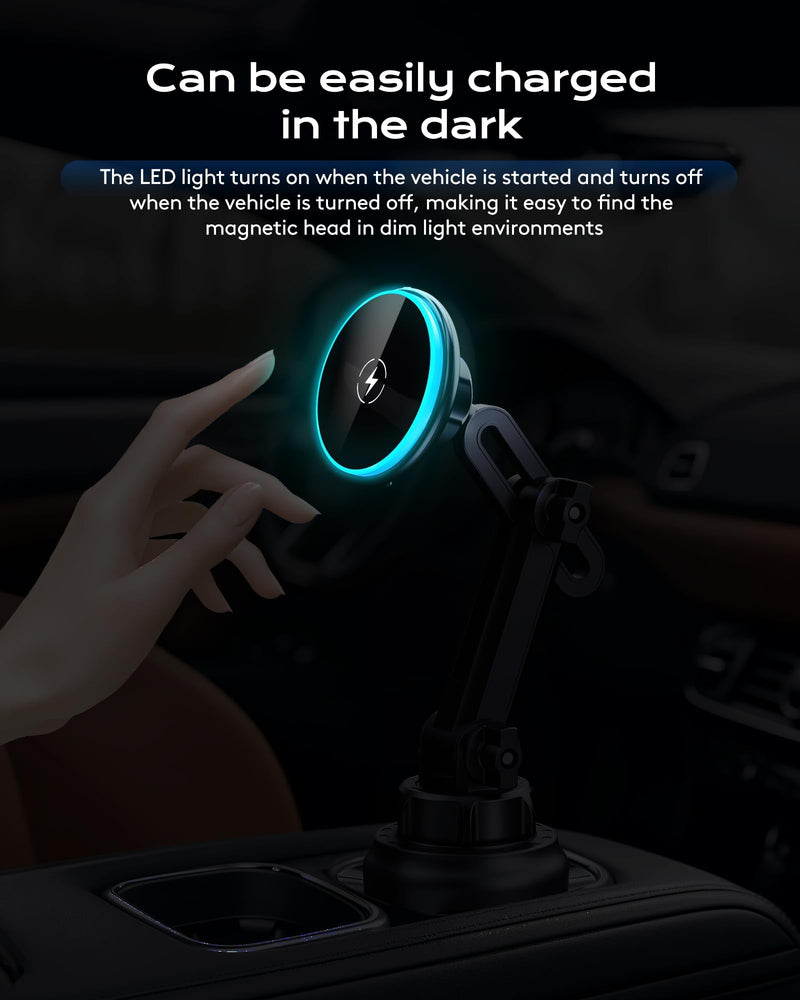Magnetic Cup Phone Holder Car Wireless Charger for MagSafe, 15W Fast Charging Car Mount Stand for iPhone 16 Pro Max/15/14/13/12, Cupholder Expander, LED Light Ring, Strong N52 Magnets MAG-LIGHT-WC