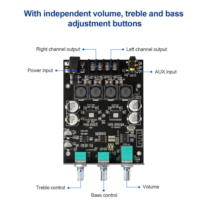 ZK-1002T Bluetooth 5.0 Amplifier Board 2.0 200W HiFi Subwoofer Audio AMP with Treble and Bass Control BT and AUX Inputs, DC 9-24V 2.0 Channel Stereo AMP Module for DIY Speakers, Password Free Black3 ZK-1002T