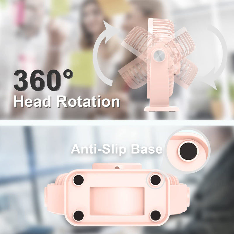 TriPole Mini Desk Fan USB Powered Portable Fan 3 Speeds Strong Airflow Small Fan 360°Rotation Personal Fan 5.1 Inch Table Fan for Home Office Bedroom Desktop, Pink, 4.9ft Cable