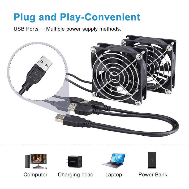 Wathai 80mm x 80mm x 25mm USB Fan 5V for Computer Laptop Router DVR Xbox Cooling 2 Packs