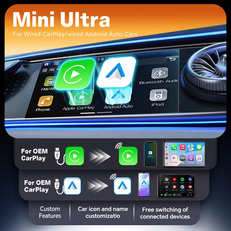 2-in-1 Wireless CarPlay & Android Auto Adapter - CarlinKit MINI Ultra3 | Converts Factory Wired CarPlay or Android Auto to Wireless | Auto Connect | for iPhone & Android | Ultra-Compact Design