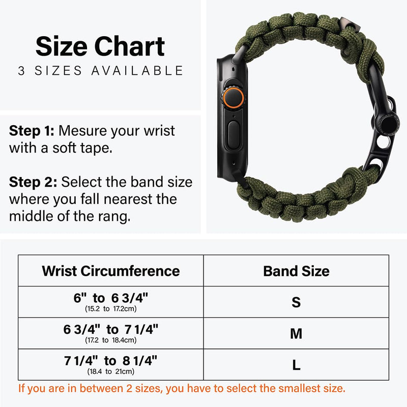 KORDIZ Survivor - Nylon Paracord Apple Watch Band Compatible with Apple Watch ULTRA 3, ULTRA 2 / 1 [49mm] & Series 11, 10, 9, 8, 7-1, SE3, SE2, SE [46mm 45mm 44mm 42mm] - with Stainless Steel Adjustable Shackle Black - Ultra 49mm Black Medium