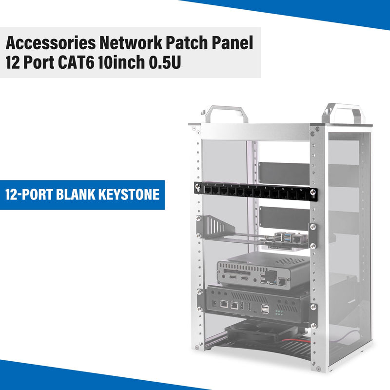 GeeekPi 12 Port Patch Panel, 0.5U CAT6 Network Patch Panel for DeskPi RackMate T1/T0/T2 Rackmount and 10 Inch Server Rack/Network Cabinet