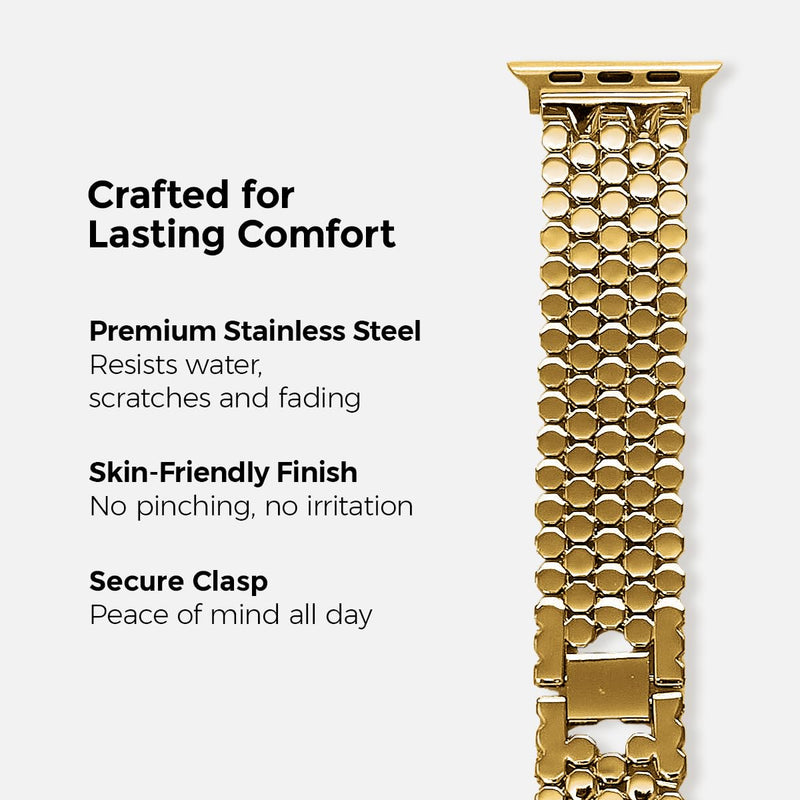 My Pretty Strap Gold Apple Watch Band & Glossy XOXO Protective Case Bundle – Elegant Stainless Steel Strap & Luxury Metal Cover for Apple Watch Series 1-11, SE & Ultra (46MM) Honeycomb