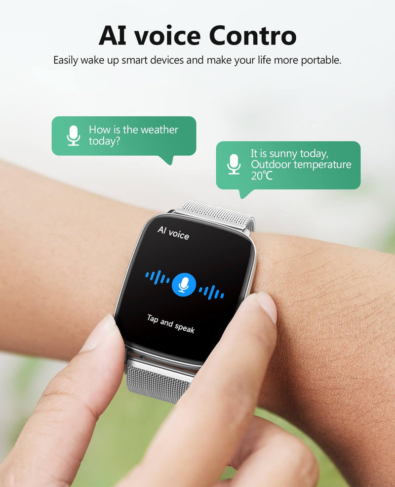 SOUYIE Smart Watches for Women Men, 1.85" AI Voice Smartwatch, 24/7 Heart Rate Monitor, Stress/SpO2/Sleep Tracker, IP68 Waterproof, Weather, 100+ Sports Fitness Tracker for Android iOS Silver Metal
