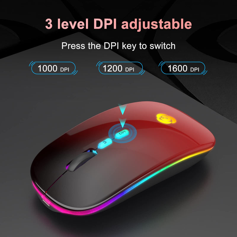 LED Wireless Mouse Bluetooth &2.4GHz Instant Connection,Rechargeable Ultra Silent Slim,3 Adjustable DPI 2 Connection Modes with USB-C to USB Adapter for Laptop/MacBook/PC/Tablet/iPad (Black-red) Black-red