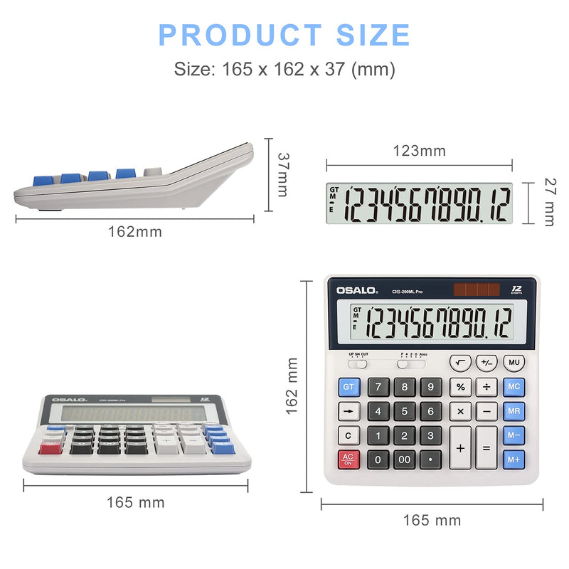 OSALO Desktop Calculator Extra Large Display 12 Digits Big Buttons Solar Accounting Calculator for Office (OS-200ML) OS-200ML Pro